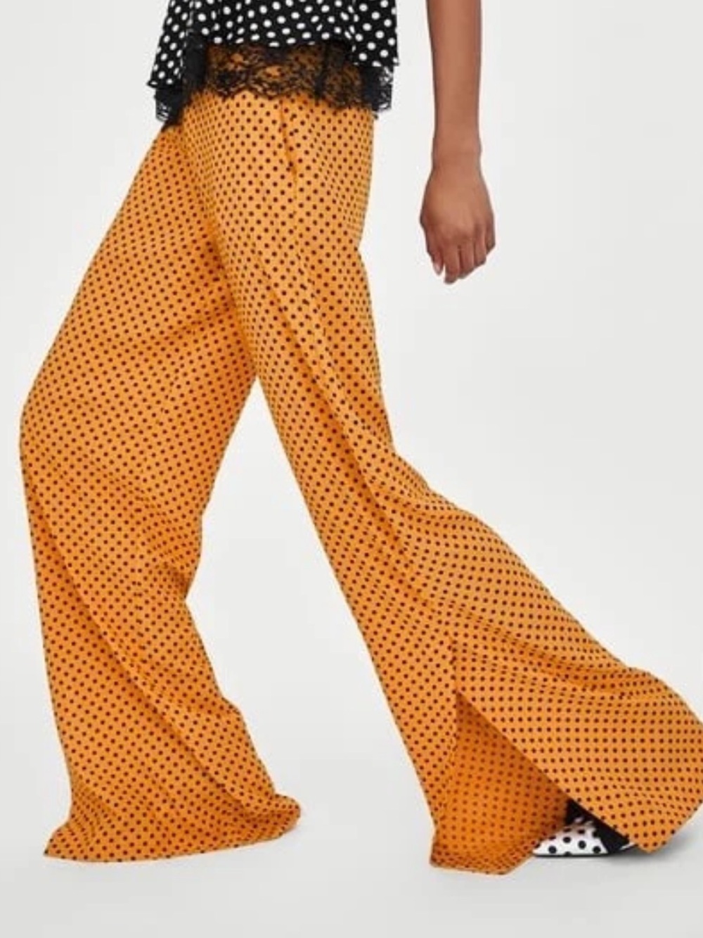 Zara TRF Mustard Polka Dot Wide Leg High Rise Pants Women’s Small